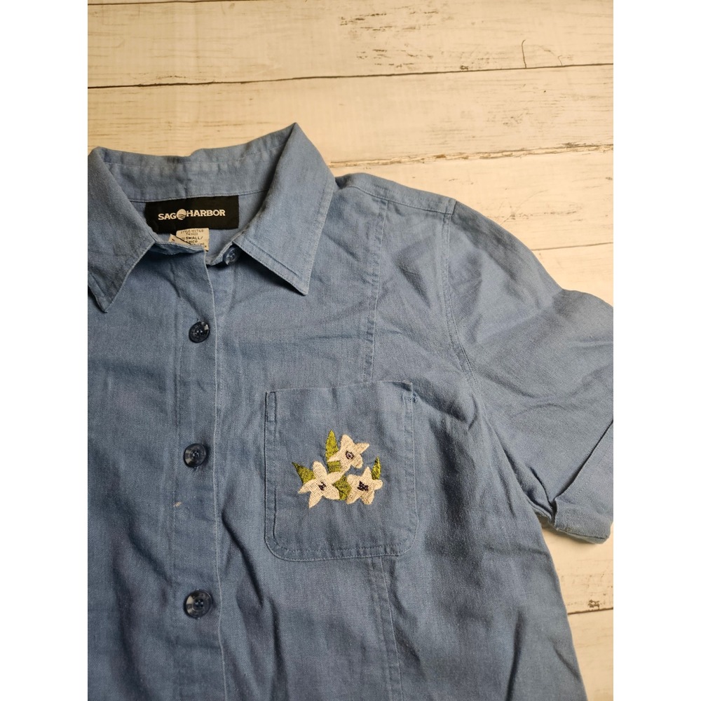 Sag Harbor Womens Blue Linen Blend Floral Embroidered Button Down Shirt Small